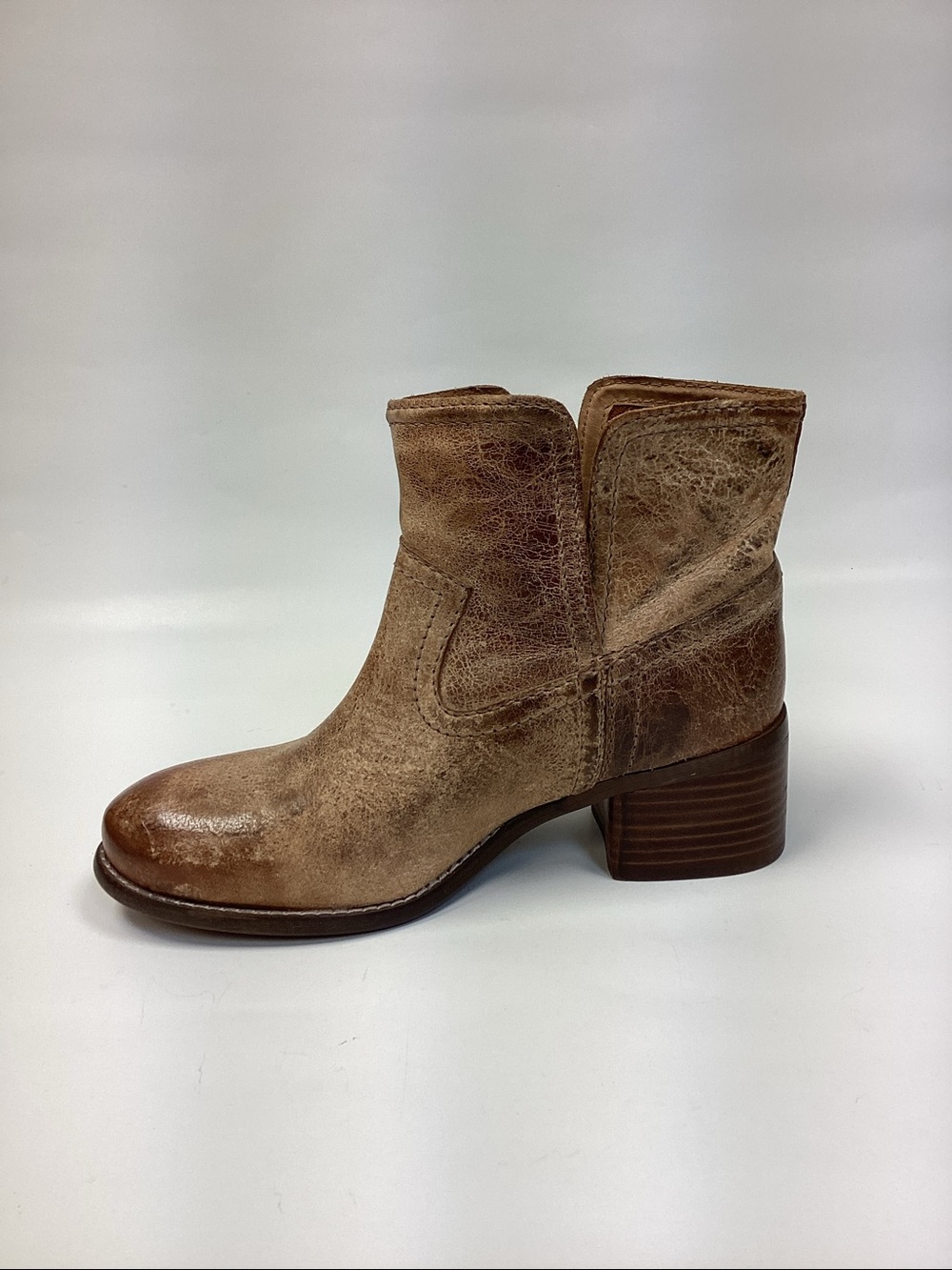 Women's Distressed Tan Leather Ankle Bootie with Block Heel